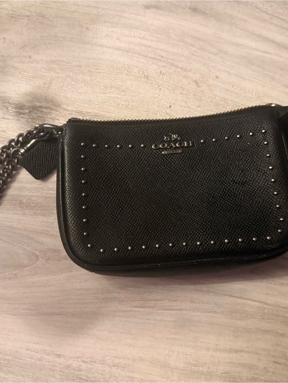 Coach Nolita 15 Black Pebbled Leather Studded Chain Wristlet Discontinued